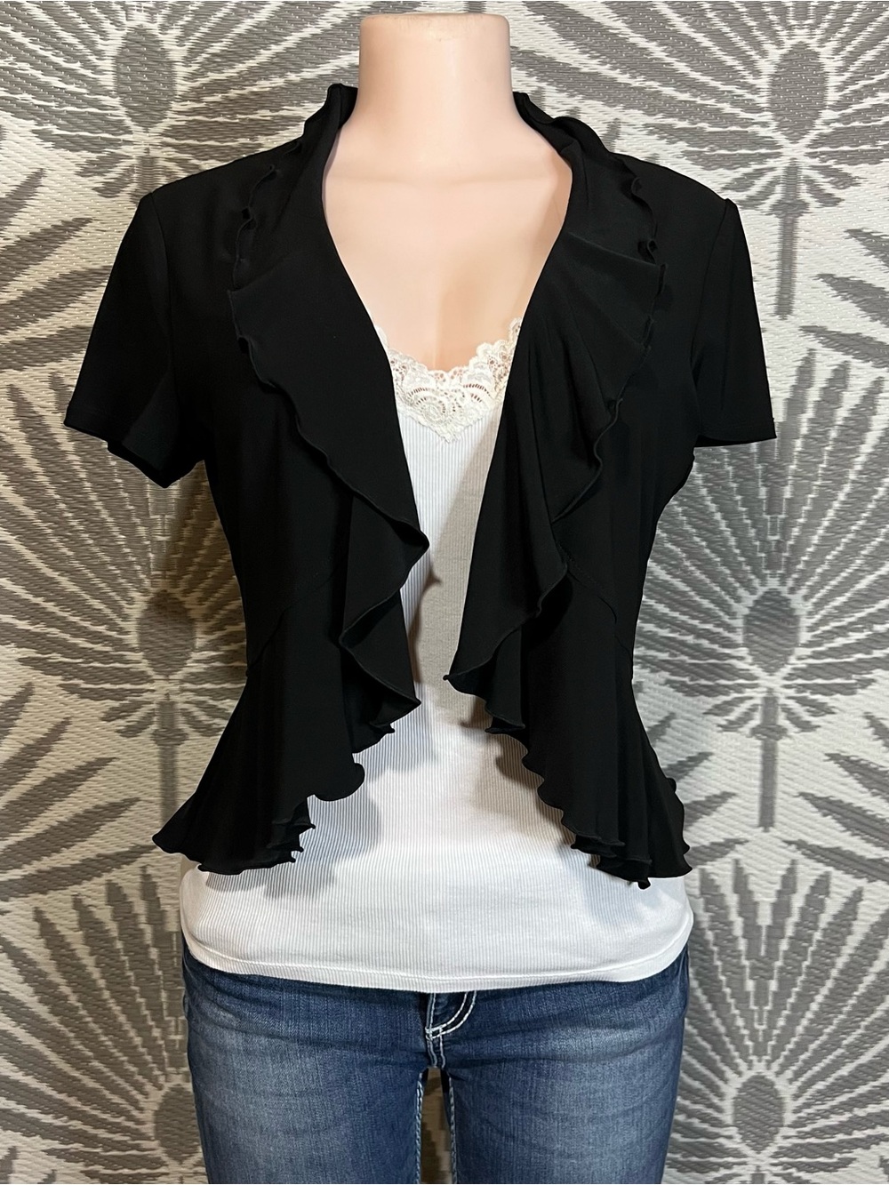Y2K Black Ruffle Open Front Shrug Cardigan Fairy Grunge Coquette Top M